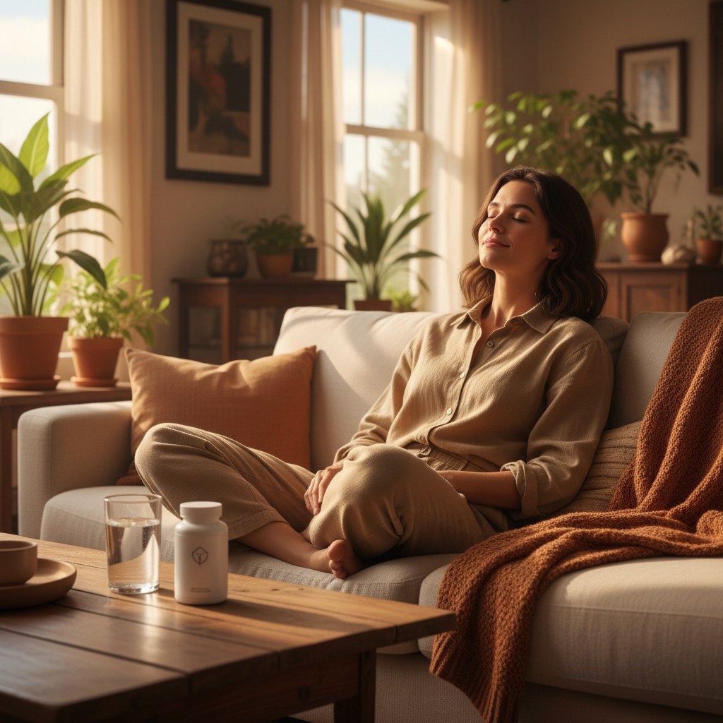 Reader relaxing on a sofa with a white magnesium bottle and water glass on the coffee table